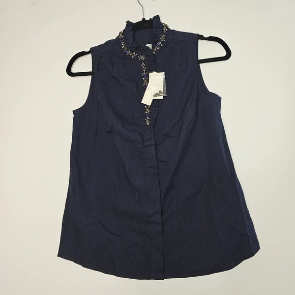 J Crew Navy BlueRuffled Rhinestone Cotton Crystal Sleeveless Blouse Size 00 - Picture 9 of 11